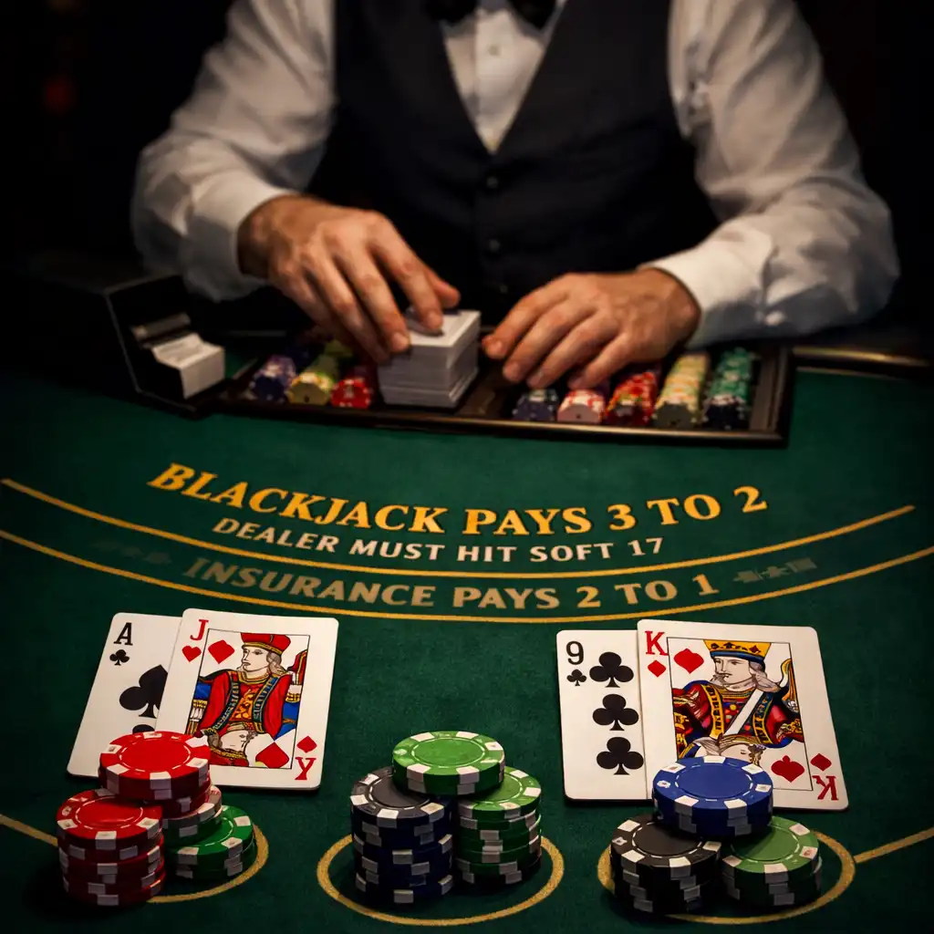 Blackjack asztal kártyákkal és zsetonokkal, a háttérben egy osztó keze.