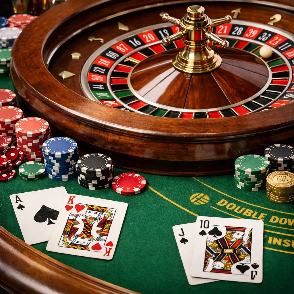 Valódi póker-, rulett- és blackjack-asztalok zöld posztóval, fa peremmel és fizikai játékkellékekkel
